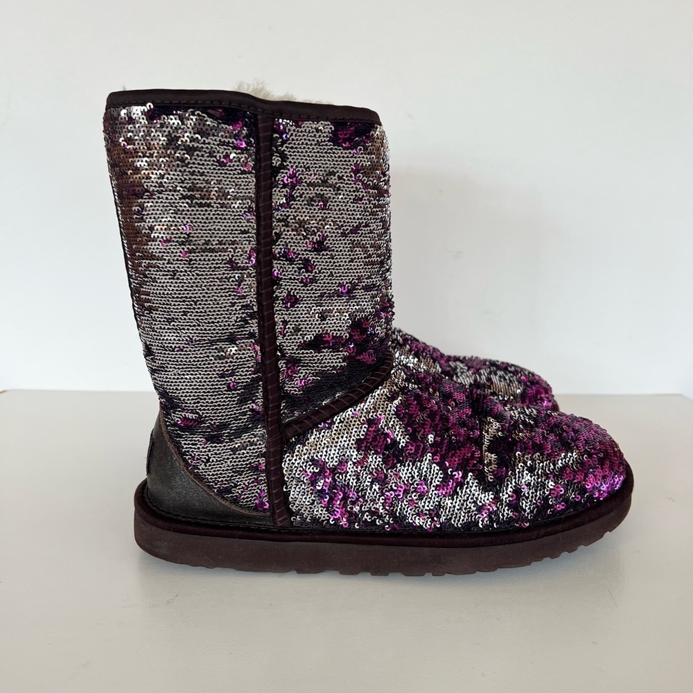 UGG Australia Classic Short Leather Purple Sequin Sheepskin Ankle Boots, 8